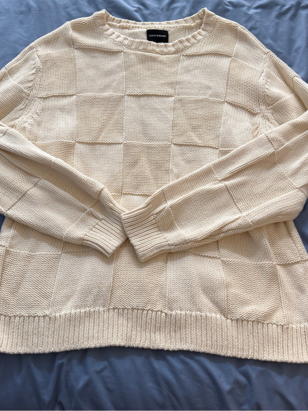 Lucky Brand Cream Checkerboard Knit Crew Sweater